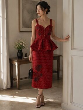 Fanm Mon Gulia Peplum Red Tweed Midi Dress XL